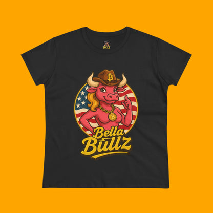 Bella Bullz Women's Limited Collection Cotton Tee - Crypto Graphic Tee with Cowgirl Bull Design Patriotic Limited Edition