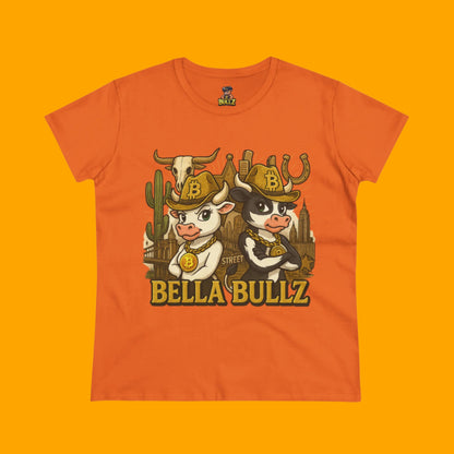 Cowgirl Themed Women's Midweight Cotton Tee - Bella Bullz Graphic Shirt, Casual Wear, Gift for Cowgirls, Rodeo Apparel, Unique Graphic Tee
