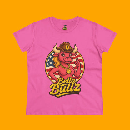 Bella Bullz Women's Limited Collection Cotton Tee - Crypto Graphic Tee with Cowgirl Bull Design Patriotic Limited Edition
