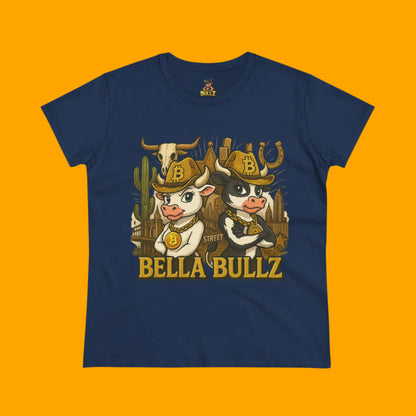 Cowgirl Themed Women's Midweight Cotton Tee - Bella Bullz Graphic Shirt, Casual Wear, Gift for Cowgirls, Rodeo Apparel, Unique Graphic Tee