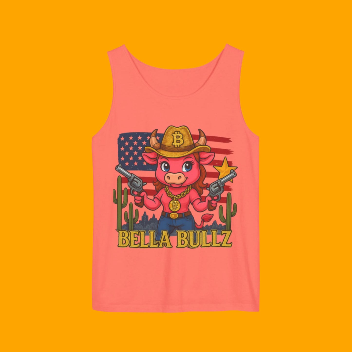 Bella Bullz™ Graphic Tank Top | Women's Garment Dyed T-Shirt, Crypto Cowgirl Western Outfit, Summer Festival