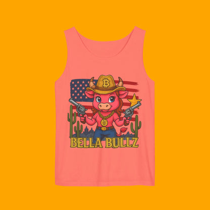 Bella Bullz™ Graphic Tank Top | Women's Garment Dyed T-Shirt, Crypto Cowgirl Western Outfit, Summer Festival