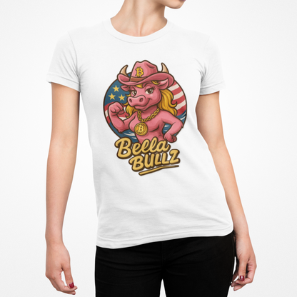 Bella Bullz Women's Summer Cotton Tee, Crypto Cowgirl T-shirt, Crypto Themed Gift, Western Style Shirt, Great for Holidays