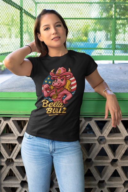 Bella Bullz Women's Summer Cotton Tee, Crypto Cowgirl T-shirt, Crypto Themed Gift, Western Style Shirt, Great for Holidays