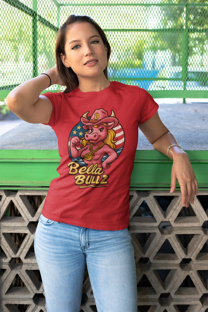 Bella Bullz Women's Summer Cotton Tee, Crypto Cowgirl T-shirt, Crypto Themed Gift, Western Style Shirt, Great for Holidays