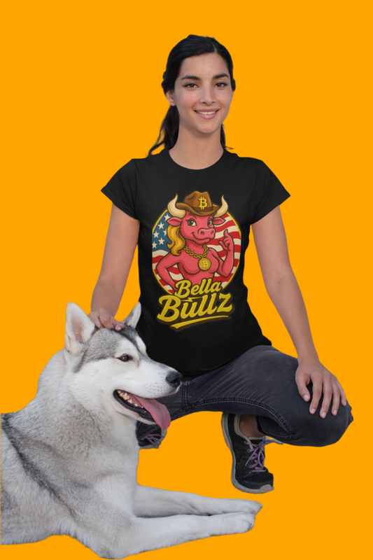 Bella Bullz Women's Limited Collection Cotton Tee - Crypto Graphic Tee with Cowgirl Bull Design Patriotic Limited Edition