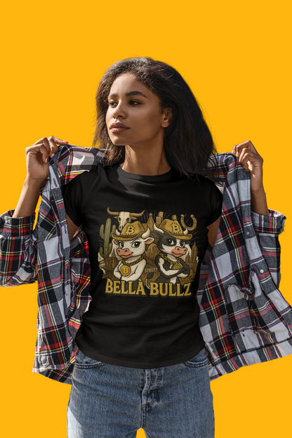Cowgirl Themed Women's Midweight Cotton Tee - Bella Bullz Graphic Shirt, Casual Wear, Gift for Cowgirls, Rodeo Apparel, Unique Graphic Tee