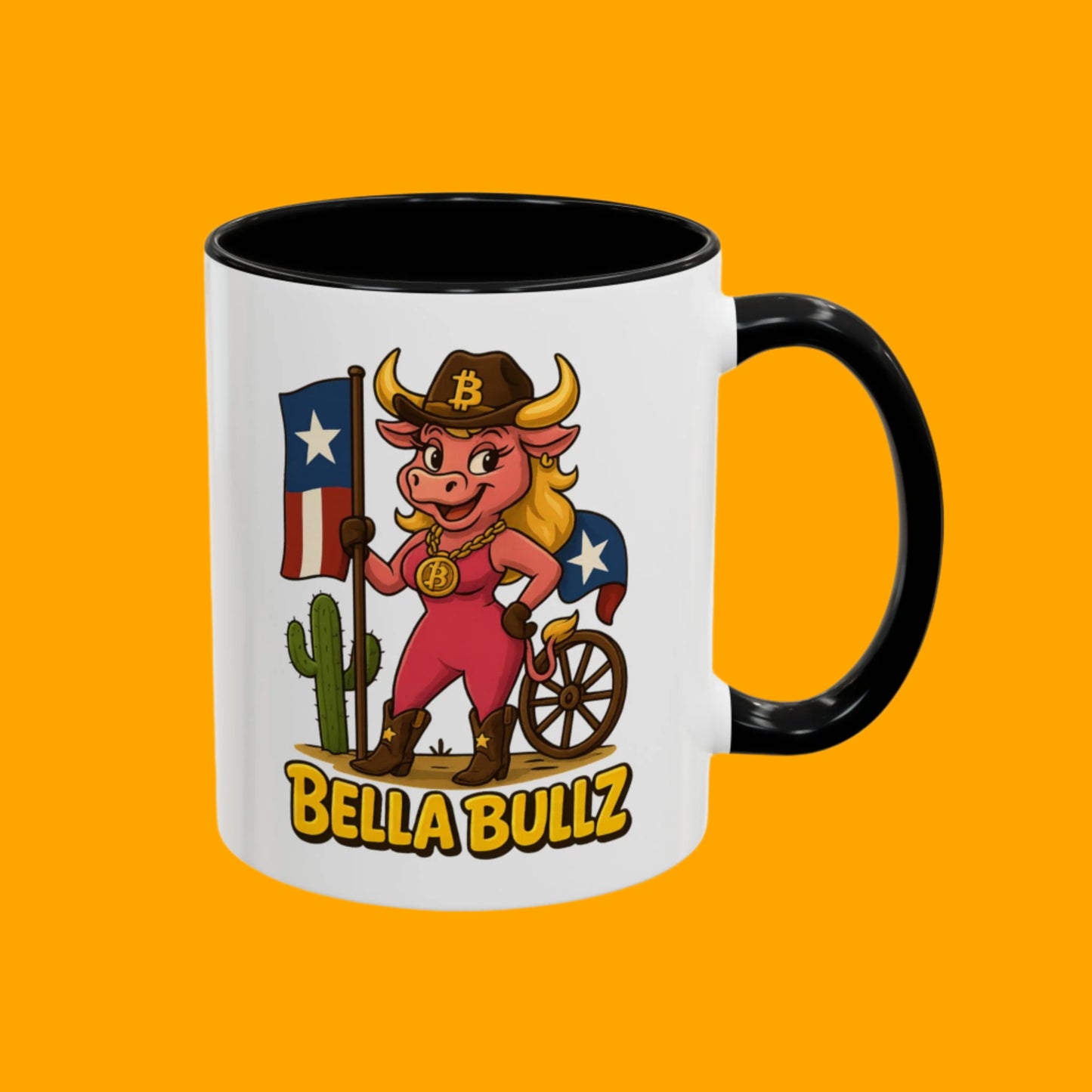 Texas-themed Accent Coffee Mug with Bella Bullz Design | Crypto Cowgirl Mug, Cactus Coffee Cup, Cute Animal Mug, Texas Pride