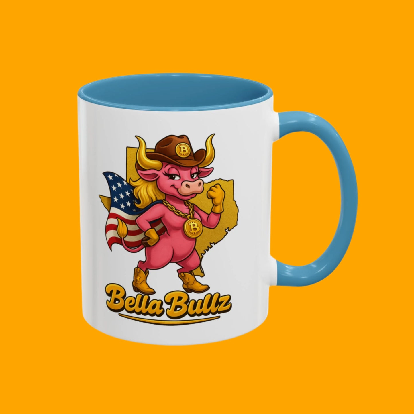 Crypto Lovers Accent Coffee Mug with Bella Bullz Design | Unique Gift for Cowgirls, American Pride Mug, BBQ Gatherings, Home Decor