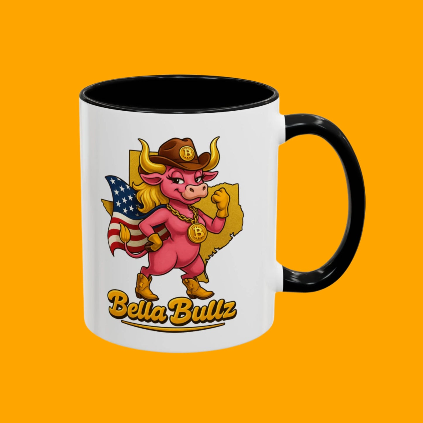 Crypto Lovers Accent Coffee Mug with Bella Bullz Design | Unique Gift for Cowgirls, American Pride Mug, BBQ Gatherings, Home Decor