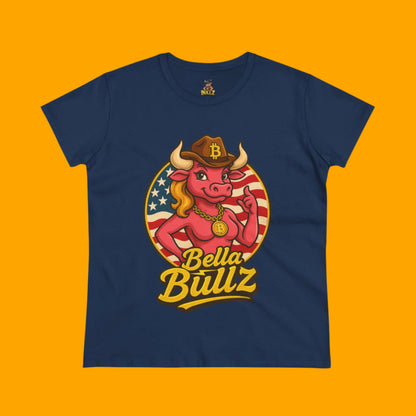 Bella Bullz Women's Limited Collection Cotton Tee - Crypto Graphic Tee with Cowgirl Bull Design Patriotic Limited Edition