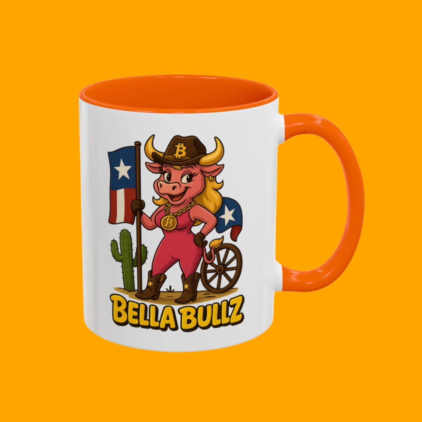Texas-themed Accent Coffee Mug with Bella Bullz Design | Crypto Cowgirl Mug, Cactus Coffee Cup, Cute Animal Mug, Texas Pride
